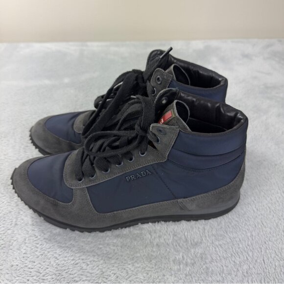 Prada Hi Top Grey/Blue Nylon and Suede High Top Sneaker Sz 7.5 US/6.5 UK/40.5 EU - Picture 8 of 14
